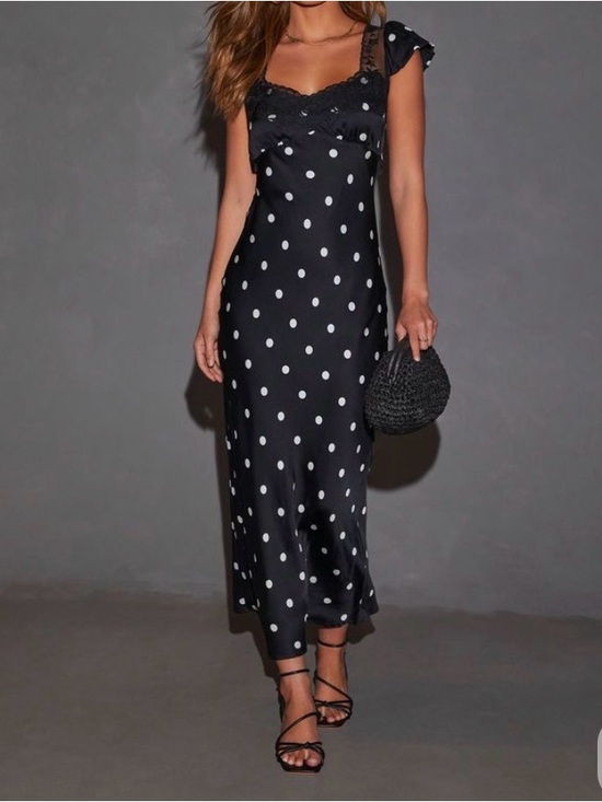 Vici Dresses & Skirts - Vici Women’s Black Polka Dot Slip Dress with Lace Trim and Keyhole Back